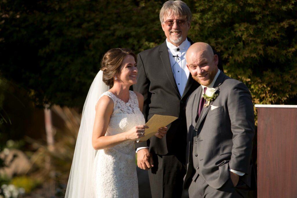 A photo of a Bride reciting her vows during the ceremony at Vista Ranch and Cellars Merced CA