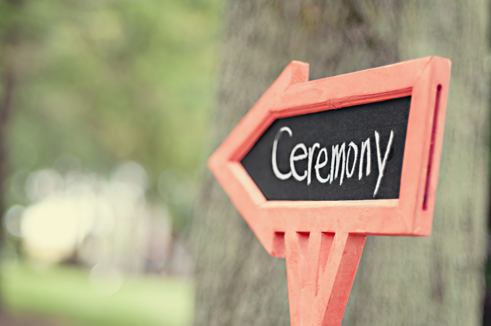 An image of a sign with an arrow pointing to the wedding ceremony site