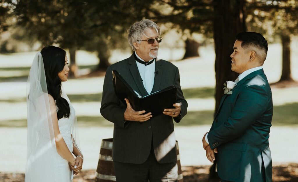 A photo of a bride and groom during their wedding