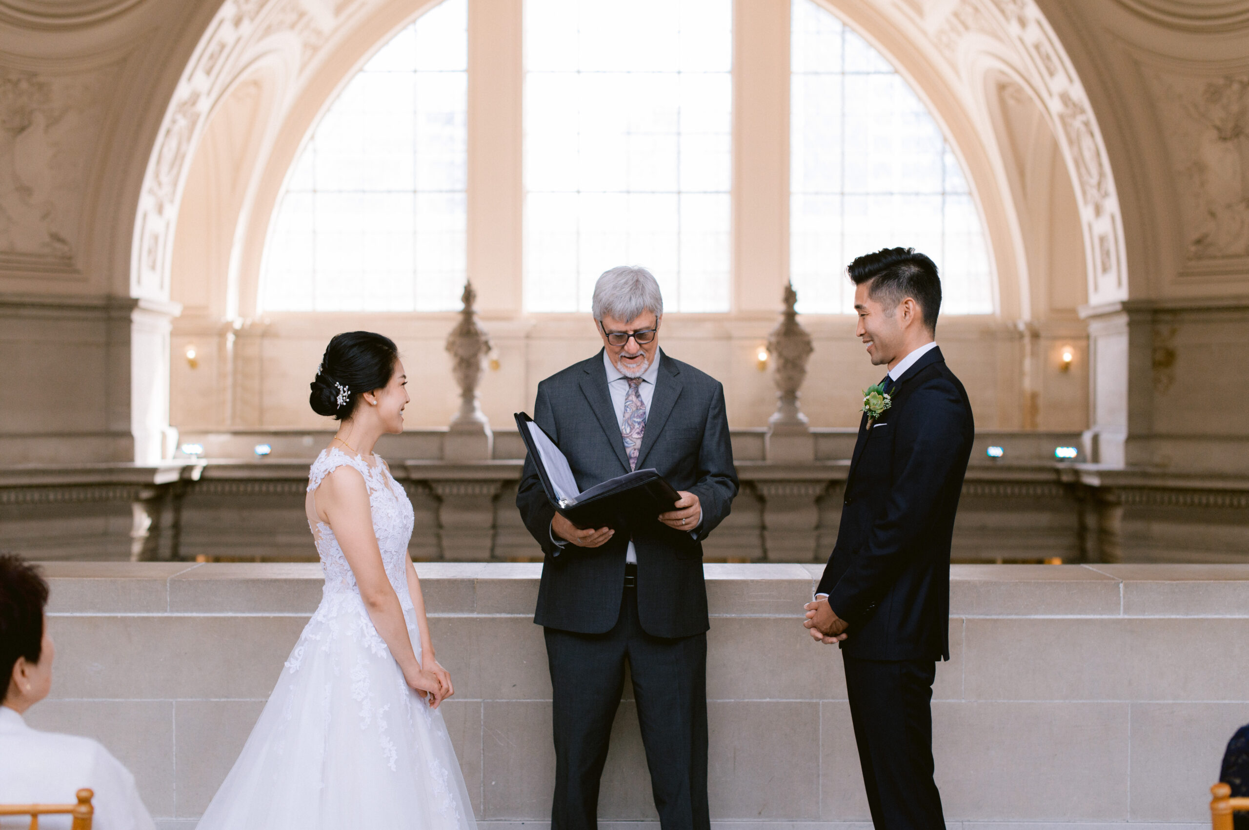 Bride and Groom on the fourth floor gallery San Francisco City Hall