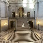 Bride and Groom on the Grand Staircase City Hall at Christmas time